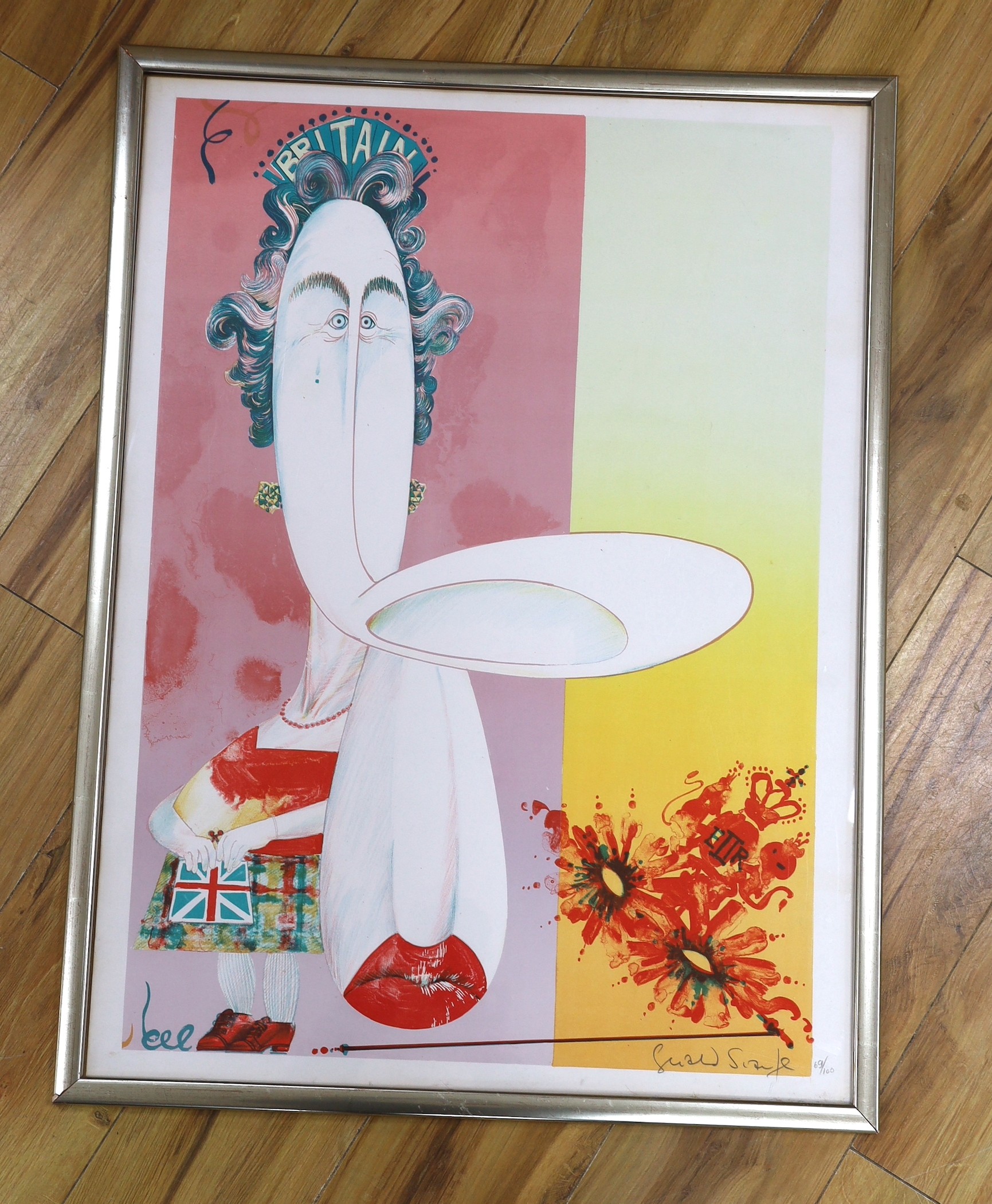 Gerald Scarfe (b.1936), limited edition print, Portrait of Queen Elizabeth II, 69/100, 78 x 57cm